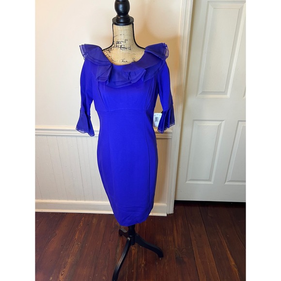 NUE‎ by Shani Stunning Royal Blue Ruffle Neck 3/4 Sleeve Sheath Dress - Picture 2 of 6